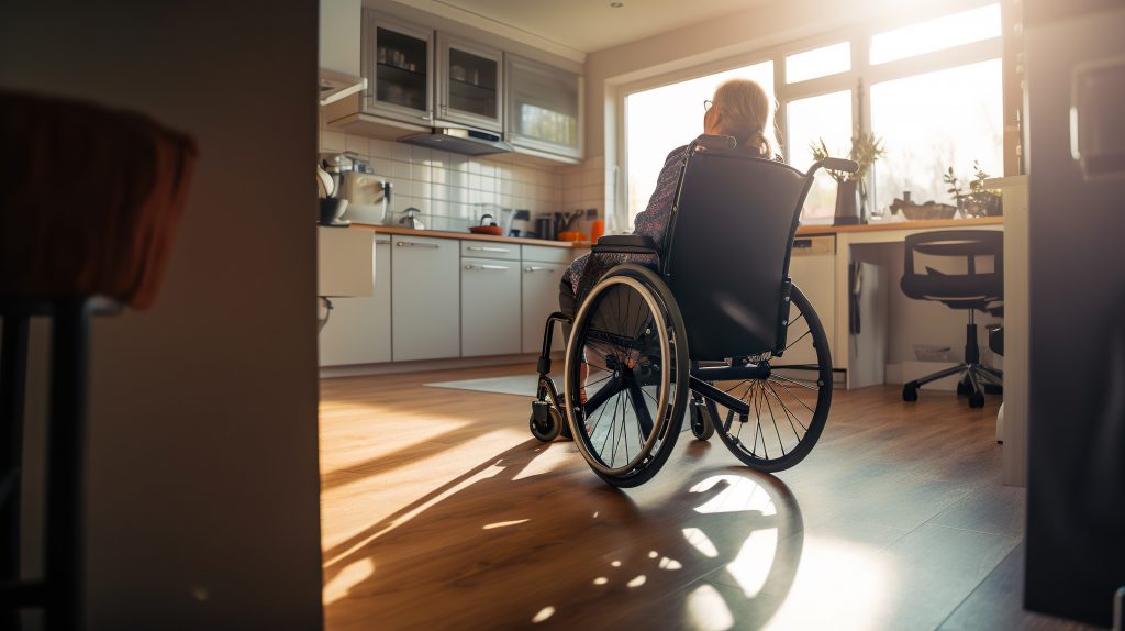 A person in a wheel chair in a kitchen. AI generative image